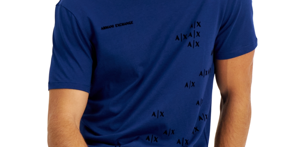 Camiseta masculina AX Armani Exchange com decote redondo e logotipo de letras, manga curta, azul, tamanho M