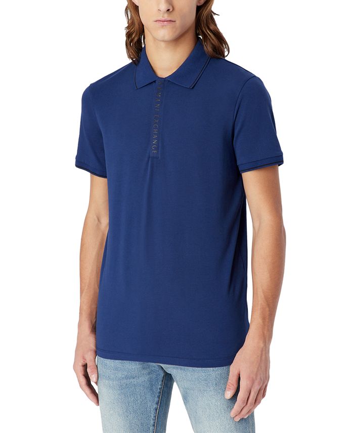 Camisa polo masculina AX Armani Exchange com estampa de logotipo e carcela, azul, tamanho XX-G