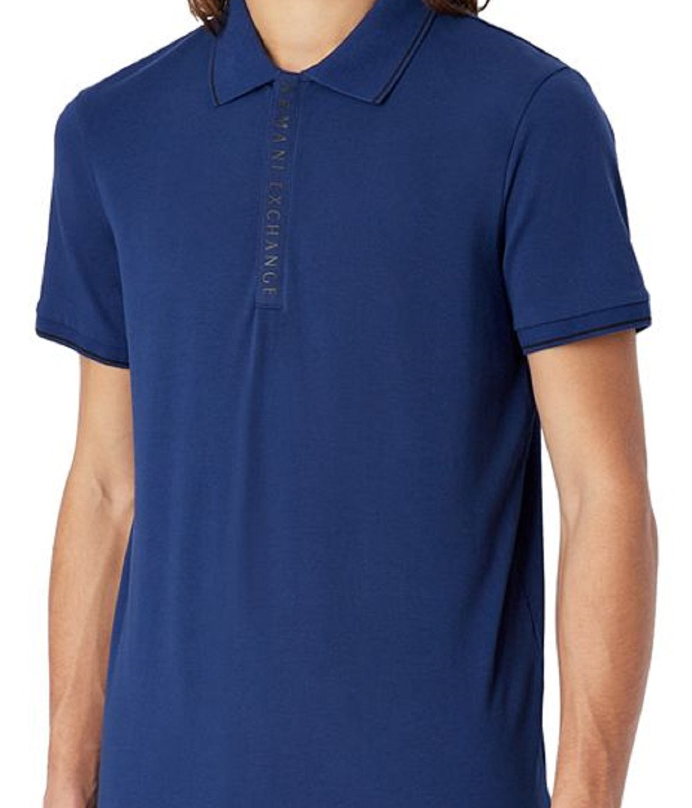 Camisa polo masculina AX Armani Exchange com estampa de logotipo e carcela, azul, tamanho XX-G