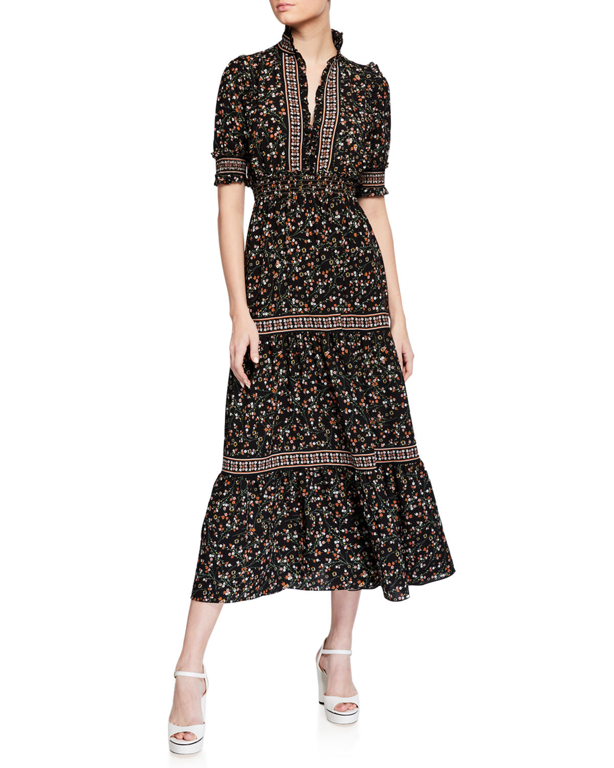 Max Studio Vestido longo feminino com estampa floral e babados, preto, tamanho grande