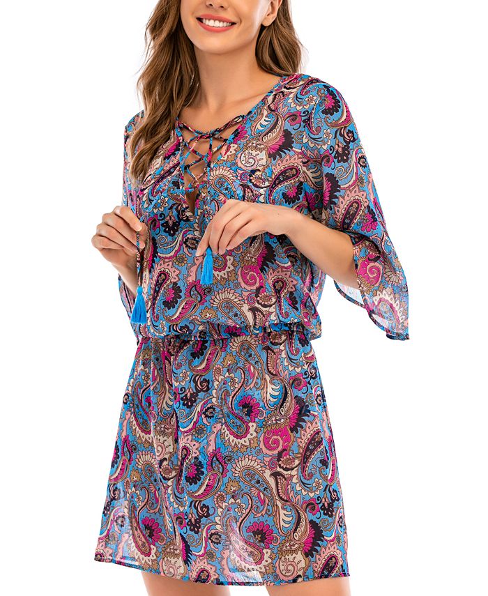 Lucky Brand Feminino Paisley Poolside Charm Túnica Maiô Azul Tamanho X-S