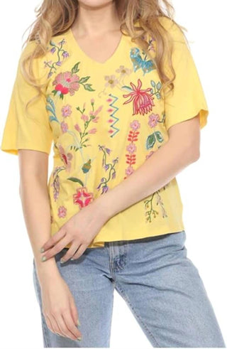 Johnny Was - Camiseta Trapunto 3/4 com decote em V Maureen