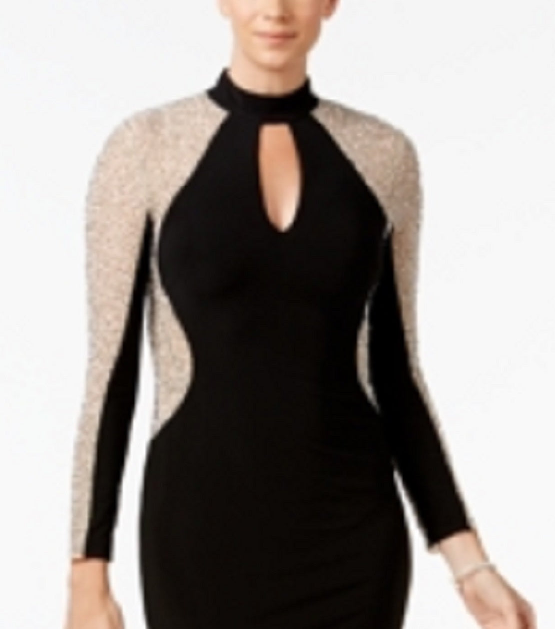 Vestido feminino XSCAPE com bainha e gargantilha com tachas e ilusão, preto, tamanho 8