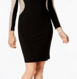 Vestido feminino XSCAPE com bainha e gargantilha com tachas e ilusão, preto, tamanho 8