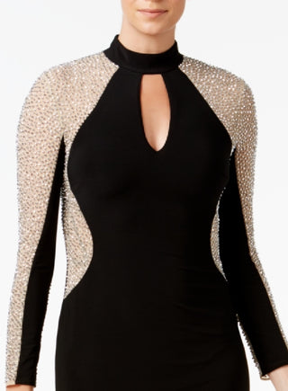 Vestido justo feminino XSCAPE de manga comprida com contas em dois tons, preto, tamanho 16