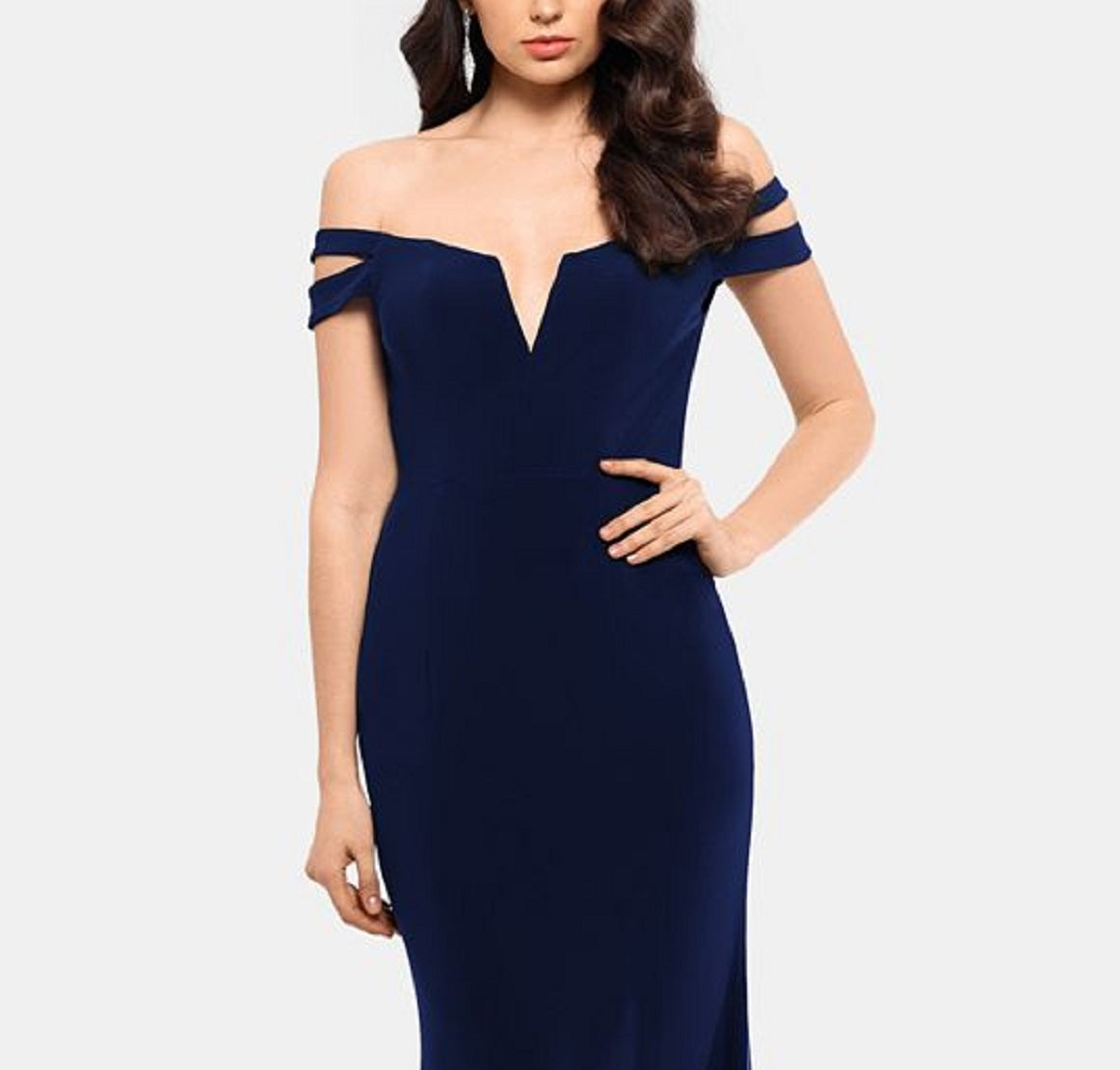 Vestido feminino XSCAPE com ombros descobertos, azul, tamanho 10