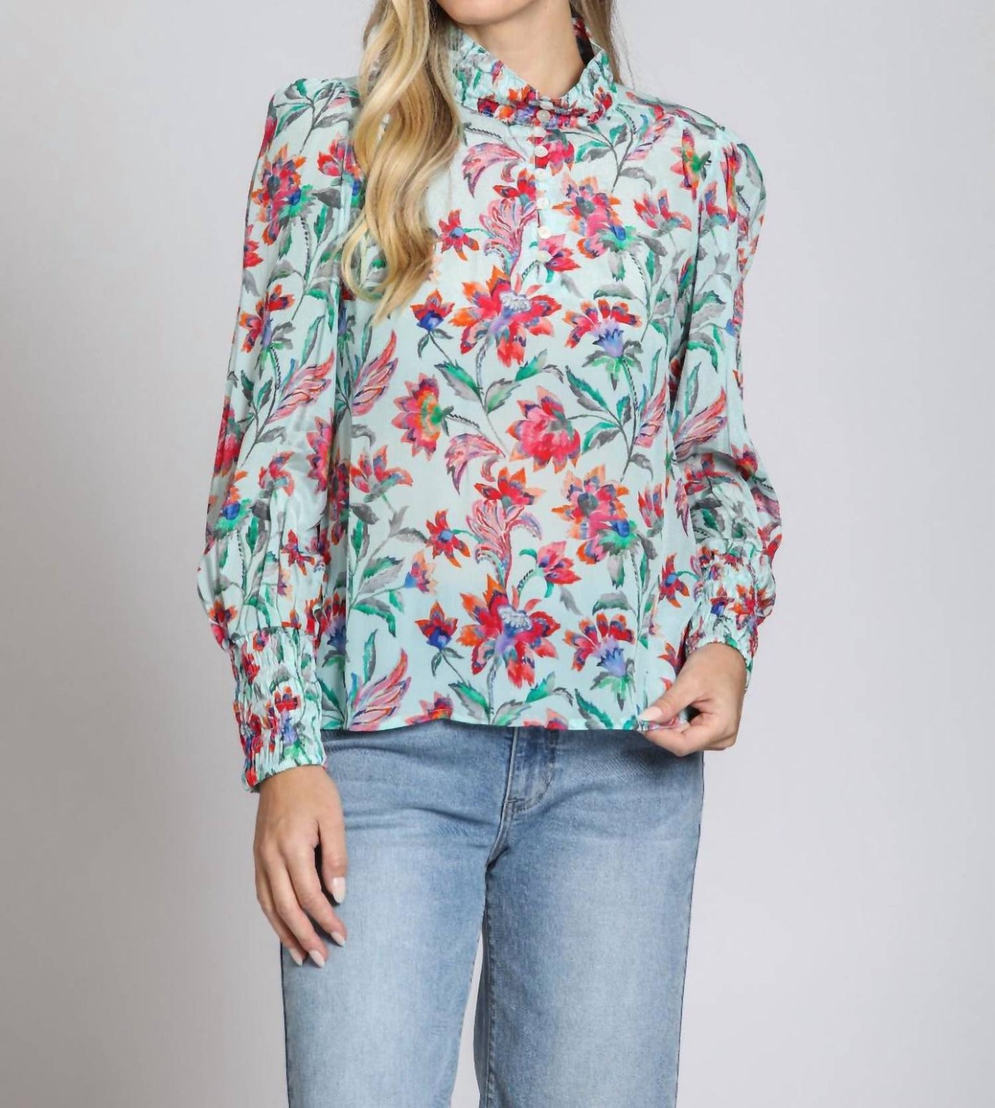 Apny - Puff Sleeve Blouse With Ruched Detail