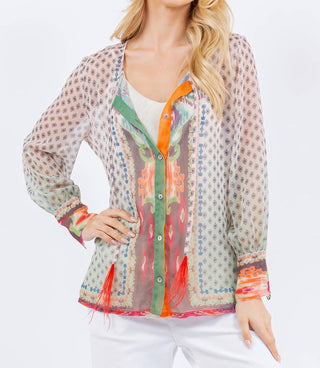 Paparazzi - Blusa transparente com botões frontais em ikat - Sem forro