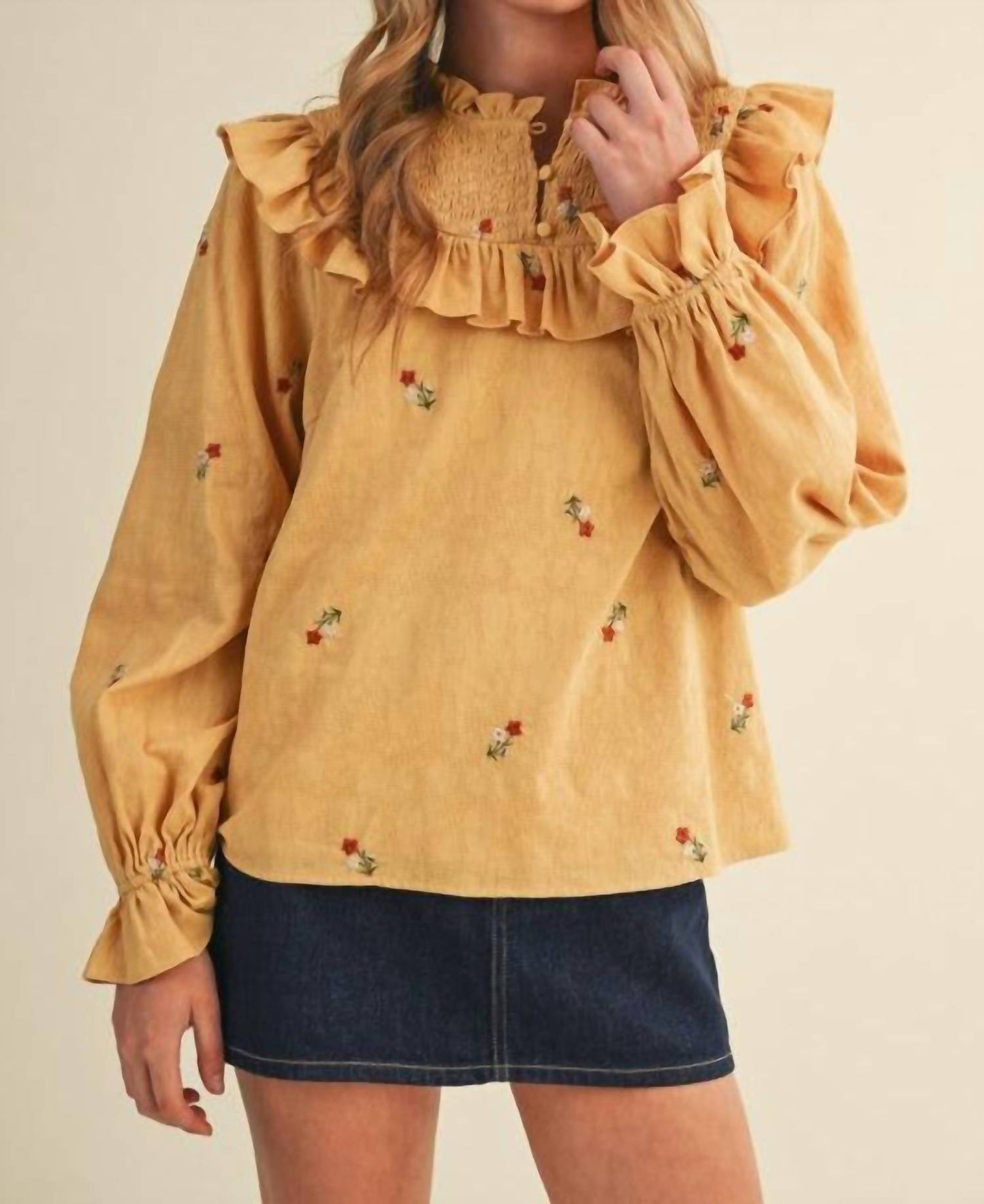 &Merci - Ruffled Smocked Embroidered Blouse