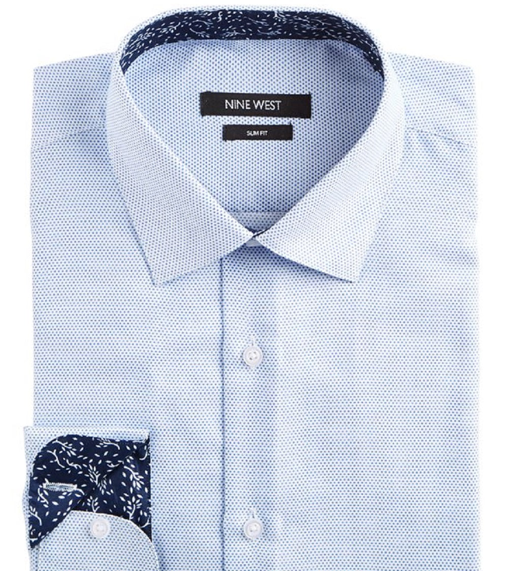 Camisa social masculina Nine West Slim Fit sem vincos e com estampa elástica e bolinhas, tamanho 36-37, azul