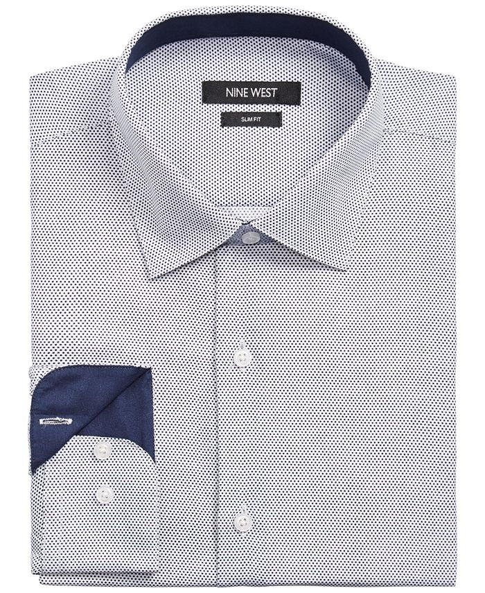 Camisa social masculina com estampa de bolinhas e corte slim da Nine West, branca, tamanho 15x32