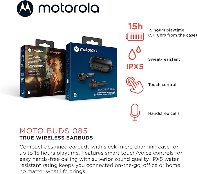 Motorola Moto Buds 085 - Fones de ouvido Bluetooth sem fio com microfone e estojo de carregamento USB-C - Resistente à água IPX5, controle de toque inteligente, ajuste leve e confortável, som nítido e graves profundos - Preto