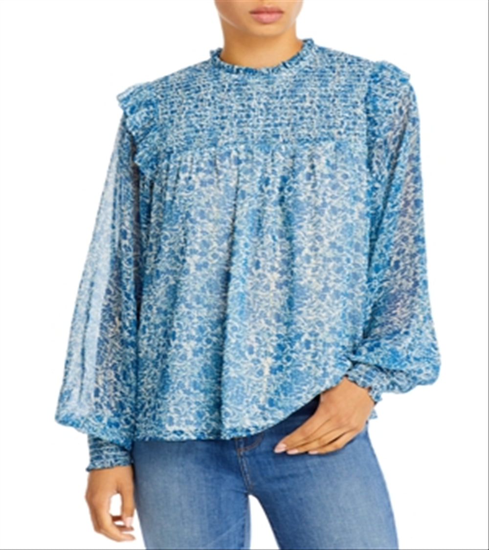 Blusa feminina Aqua com estampa floral e franzida, azul, tamanho pequeno