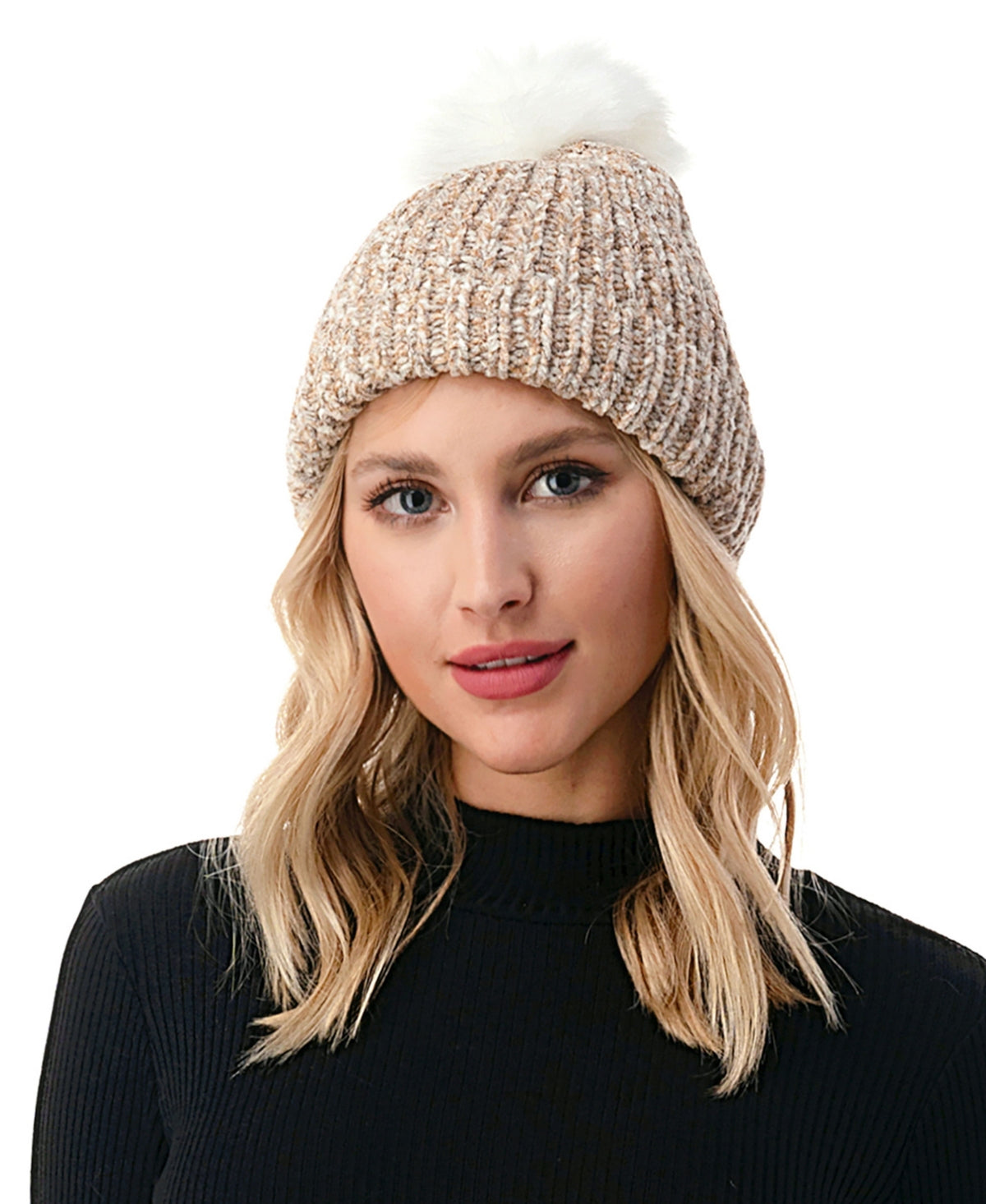 Marcus Adler Gorro Feminino Ultra Macio Chenille Faux Pom Marrom Tamanho Regular