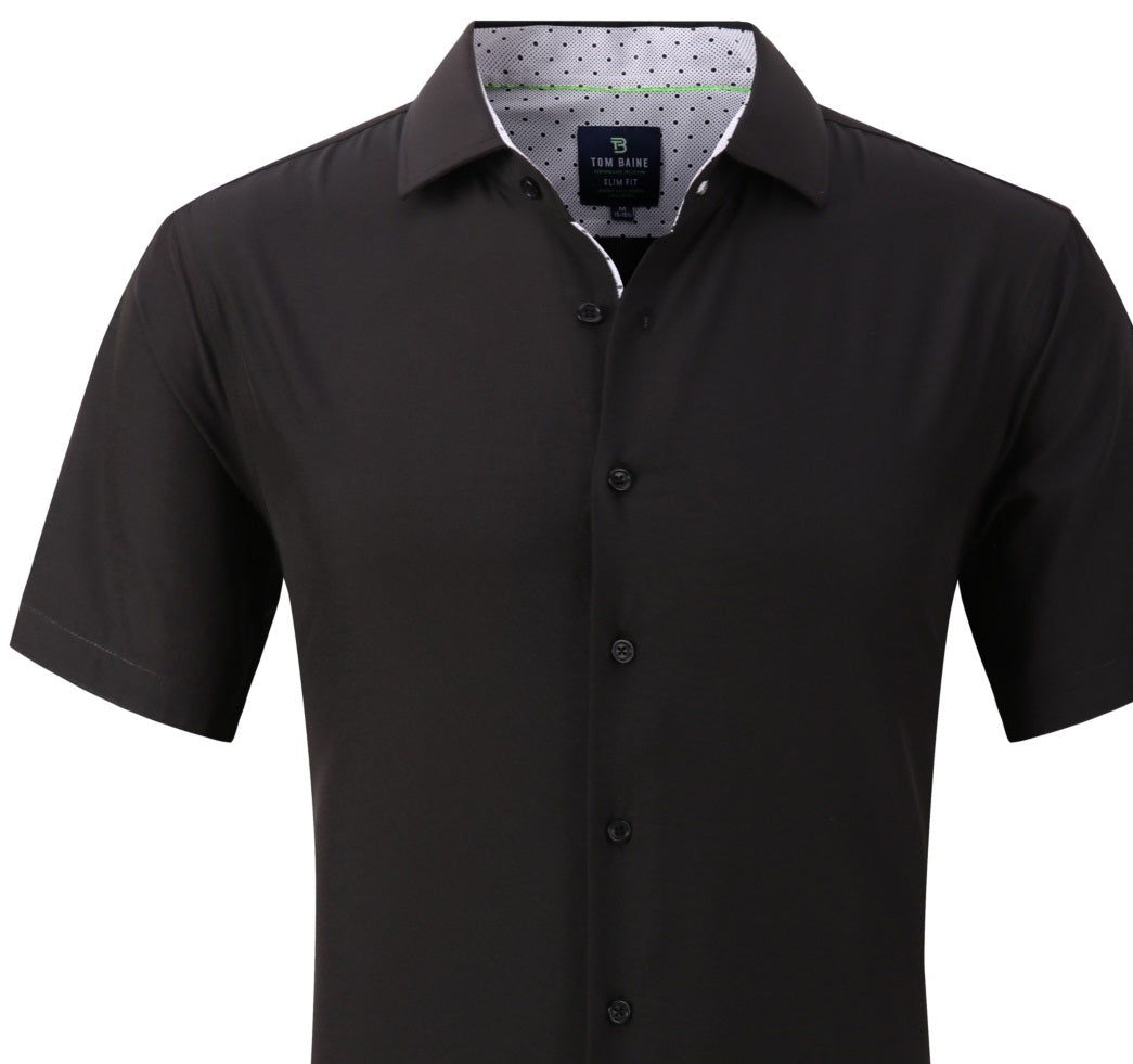 Camisa social masculina Tom Baine Slim Fit de manga curta com botões, preta, tamanho extragrande