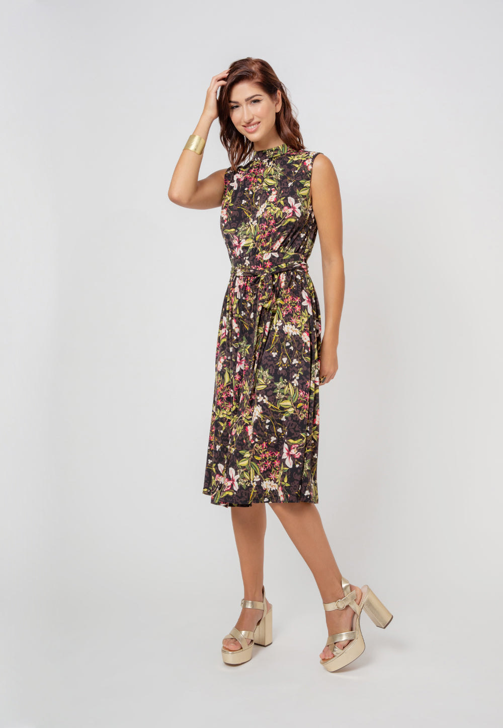 Vestido Mindy sem mangas feminino Leota em Orchid Meadow Multi