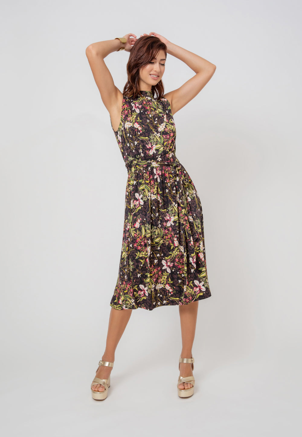 Vestido Mindy sem mangas feminino Leota em Orchid Meadow Multi