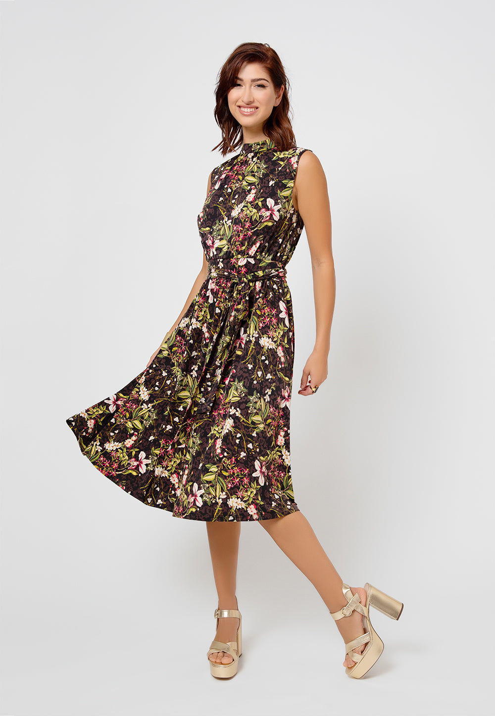 Vestido Mindy sem mangas feminino Leota em Orchid Meadow Multi