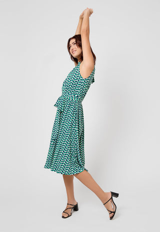 Vestido Mindy sem mangas feminino Leota em verde geométrico moderno
