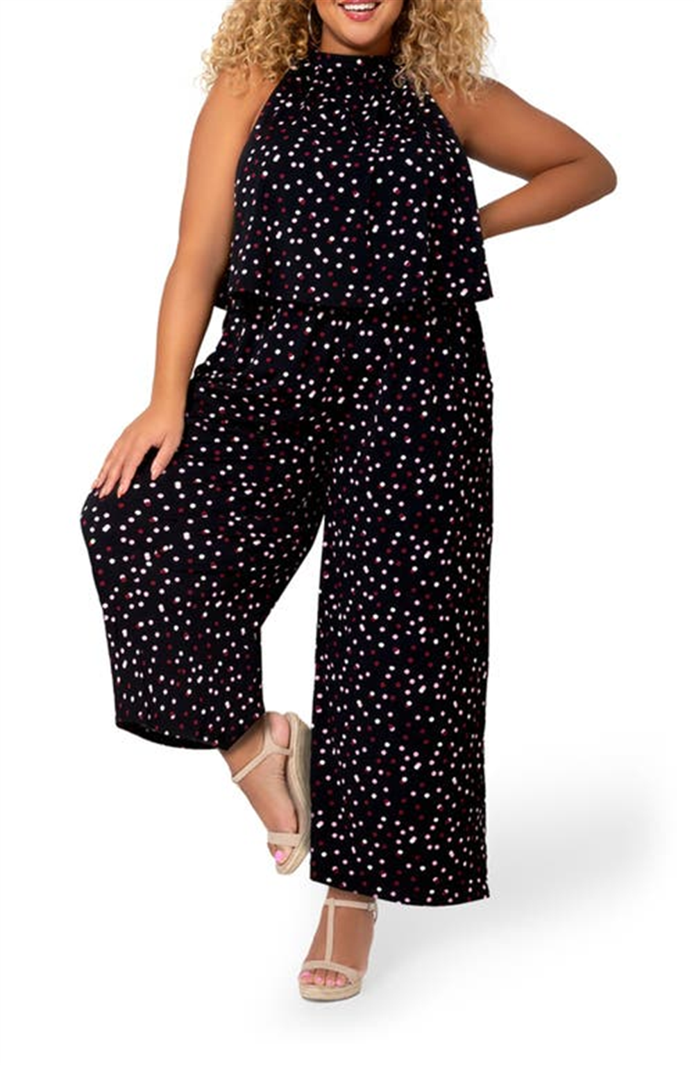 Macacão feminino Leota Skyler com bolinhas e decote halter, preto, tamanho 1X