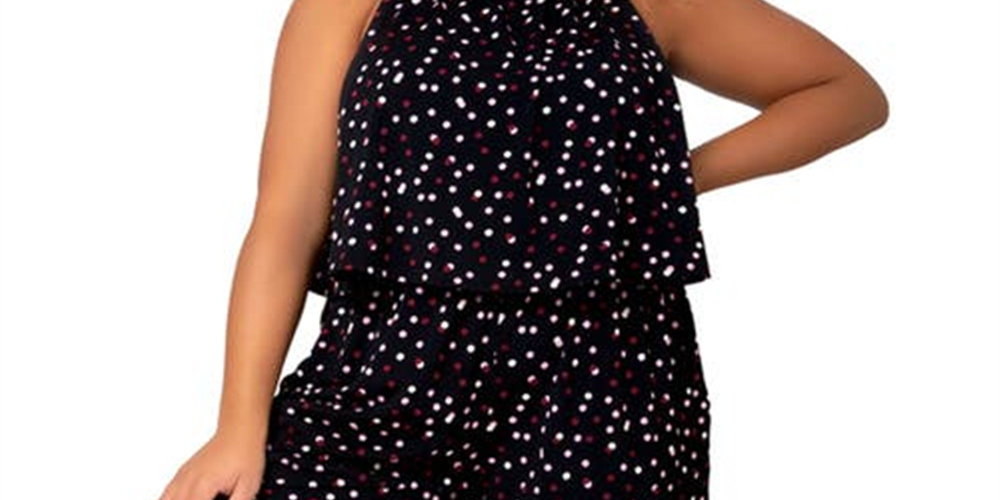 Macacão feminino Leota Skyler com bolinhas e decote halter, preto, tamanho 1X