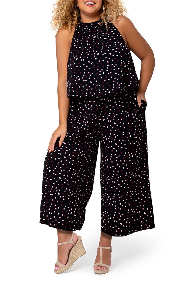 Macacão feminino Leota Skyler com bolinhas e decote halter, preto, tamanho 2X