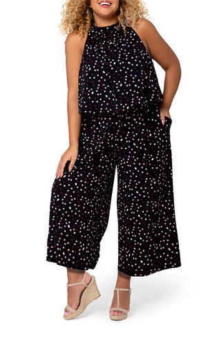 Macacão feminino Leota Skyler com bolinhas e decote halter, preto, tamanho 2X