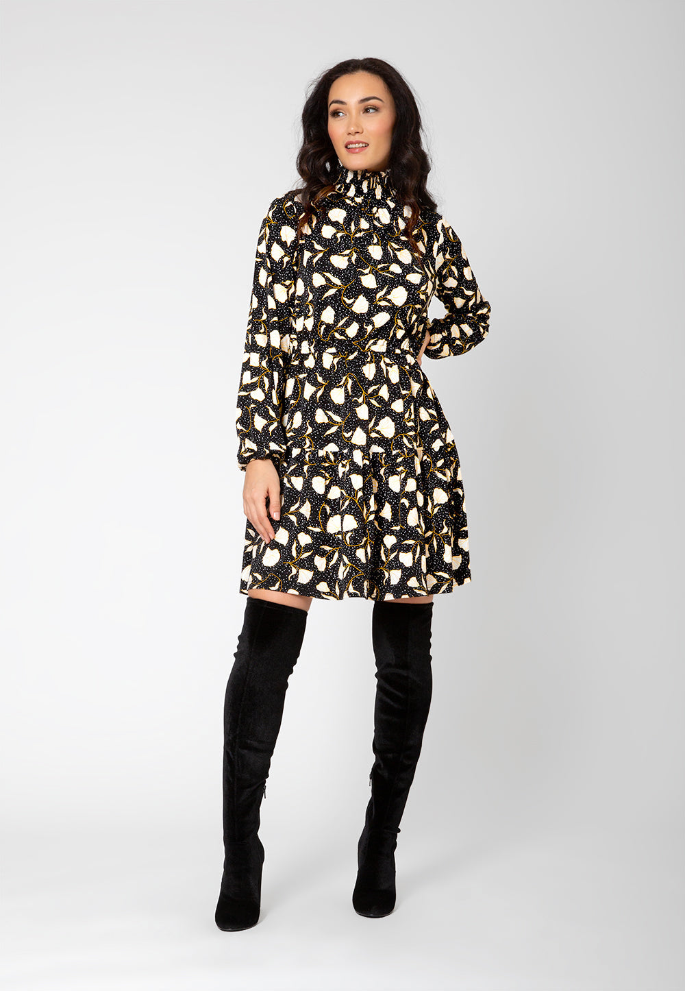 Vestido de malha boho verde oliva com manga comprida Leota feminino, preto