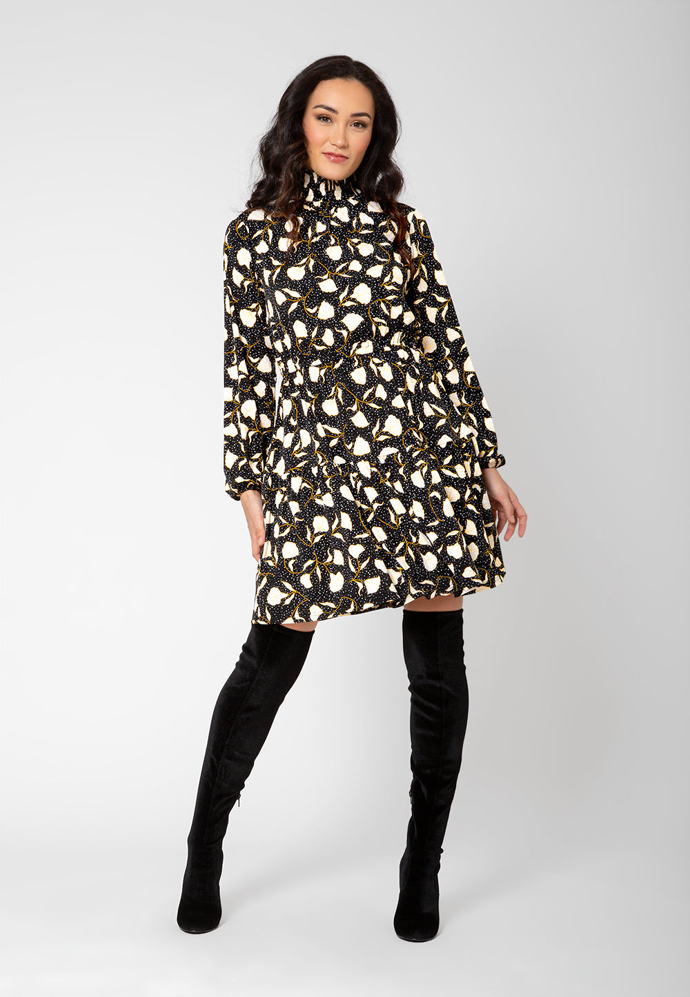 Vestido de malha boho verde oliva com manga comprida Leota feminino, preto