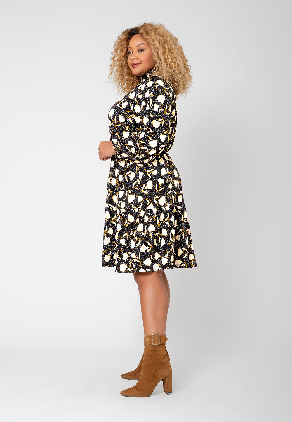 Vestido de malha boho verde oliva com manga comprida Leota feminino (curvo) preto