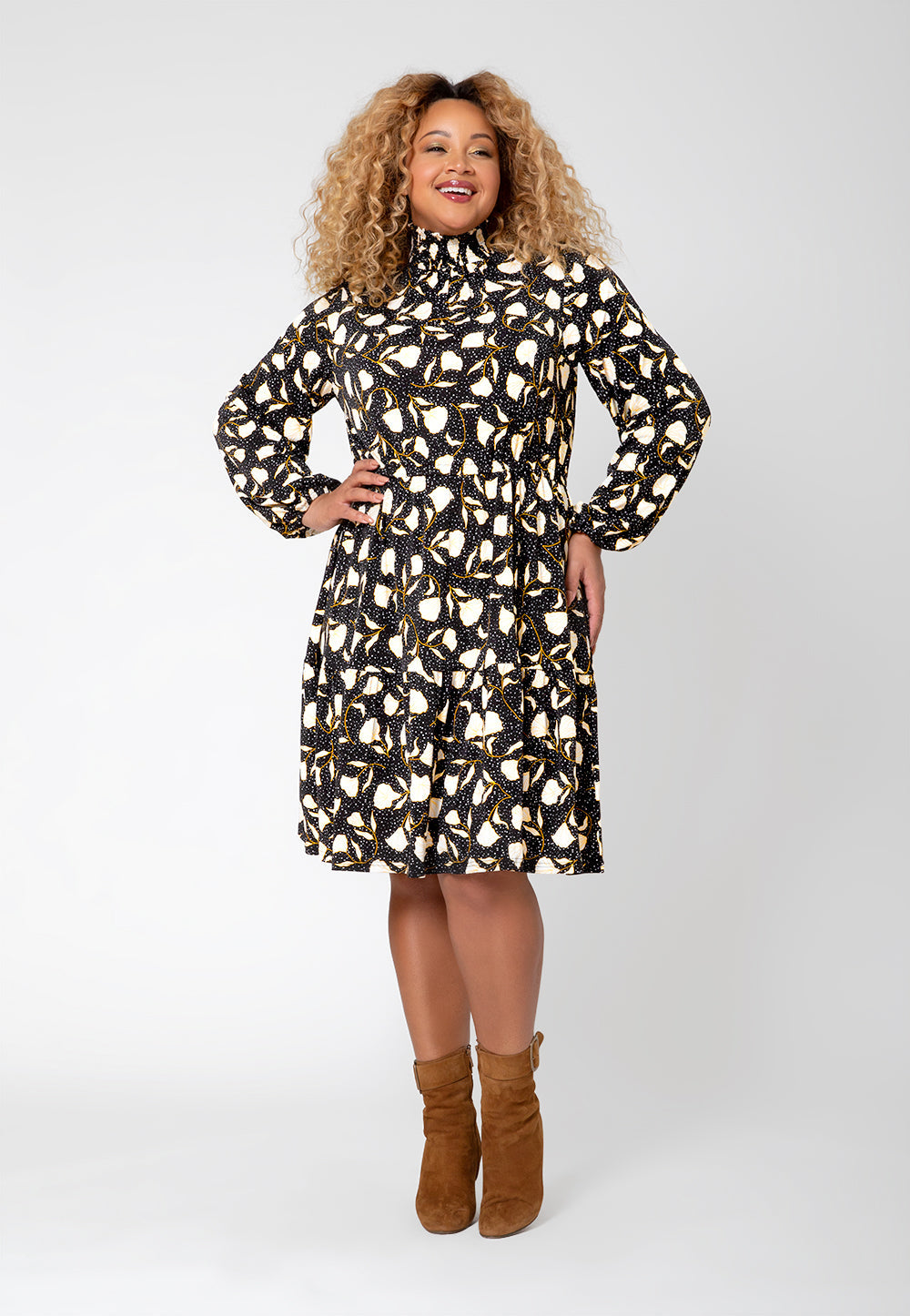 Vestido de malha boho verde oliva com manga comprida Leota feminino (curvo) preto
