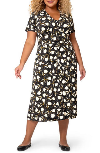 Vestido midi floral Francesca de bolinhas Leota feminino, preto, tamanho 2X