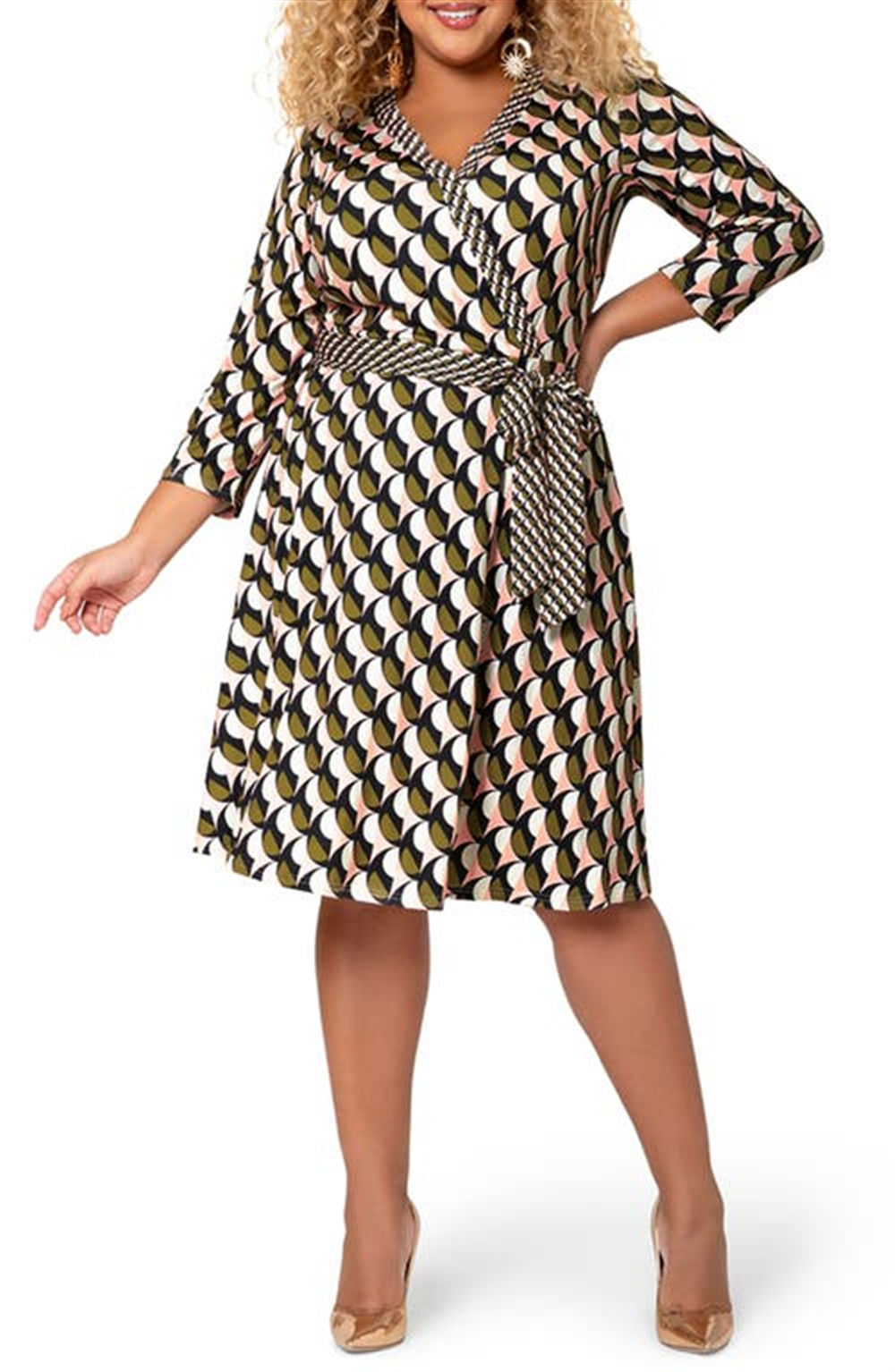 Vestido envelope falso Leota Perfect com borda geométrica Slice, tamanho 1X