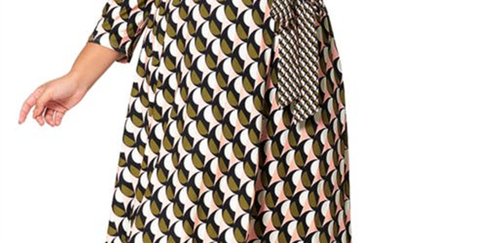 Vestido envelope falso Leota Perfect com borda geométrica Slice, tamanho 1X