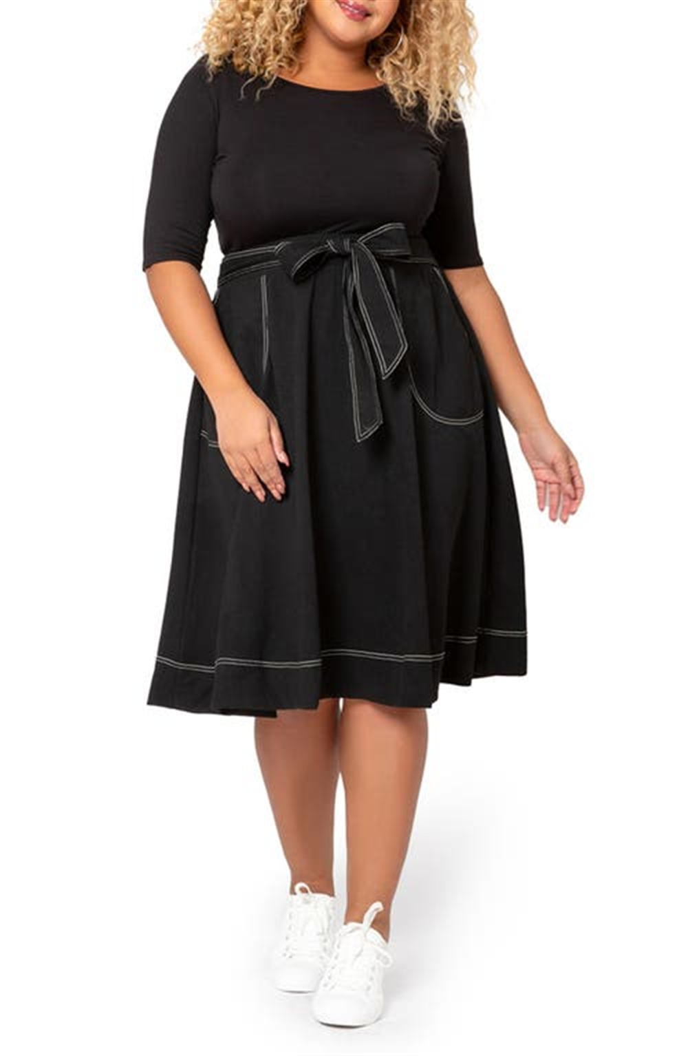 Saia evasê com cinto Mindy da Leota para mulheres, preta, tamanho 1X