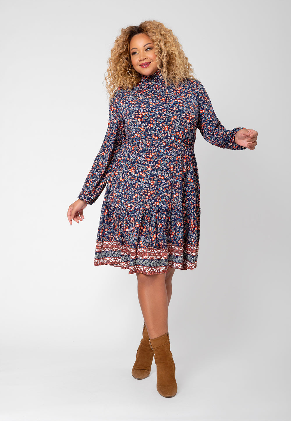 Vestido de malha boho verde oliva com manga comprida Leota feminino (curvo) azul