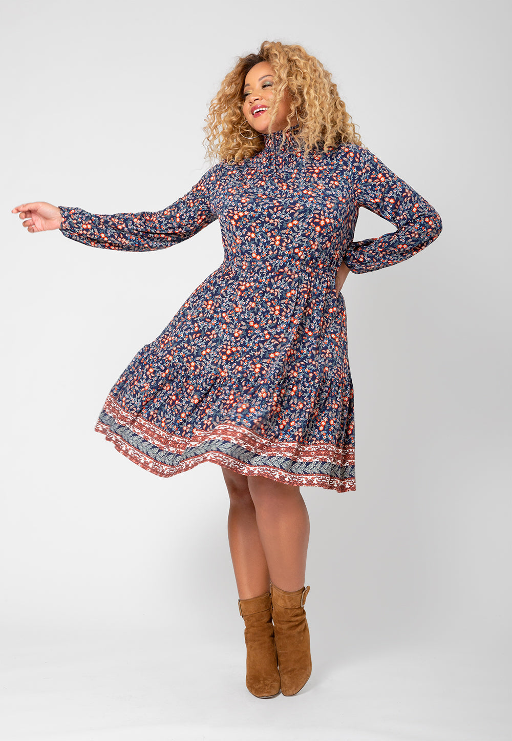 Vestido de malha boho verde oliva com manga comprida Leota feminino (curvo) azul