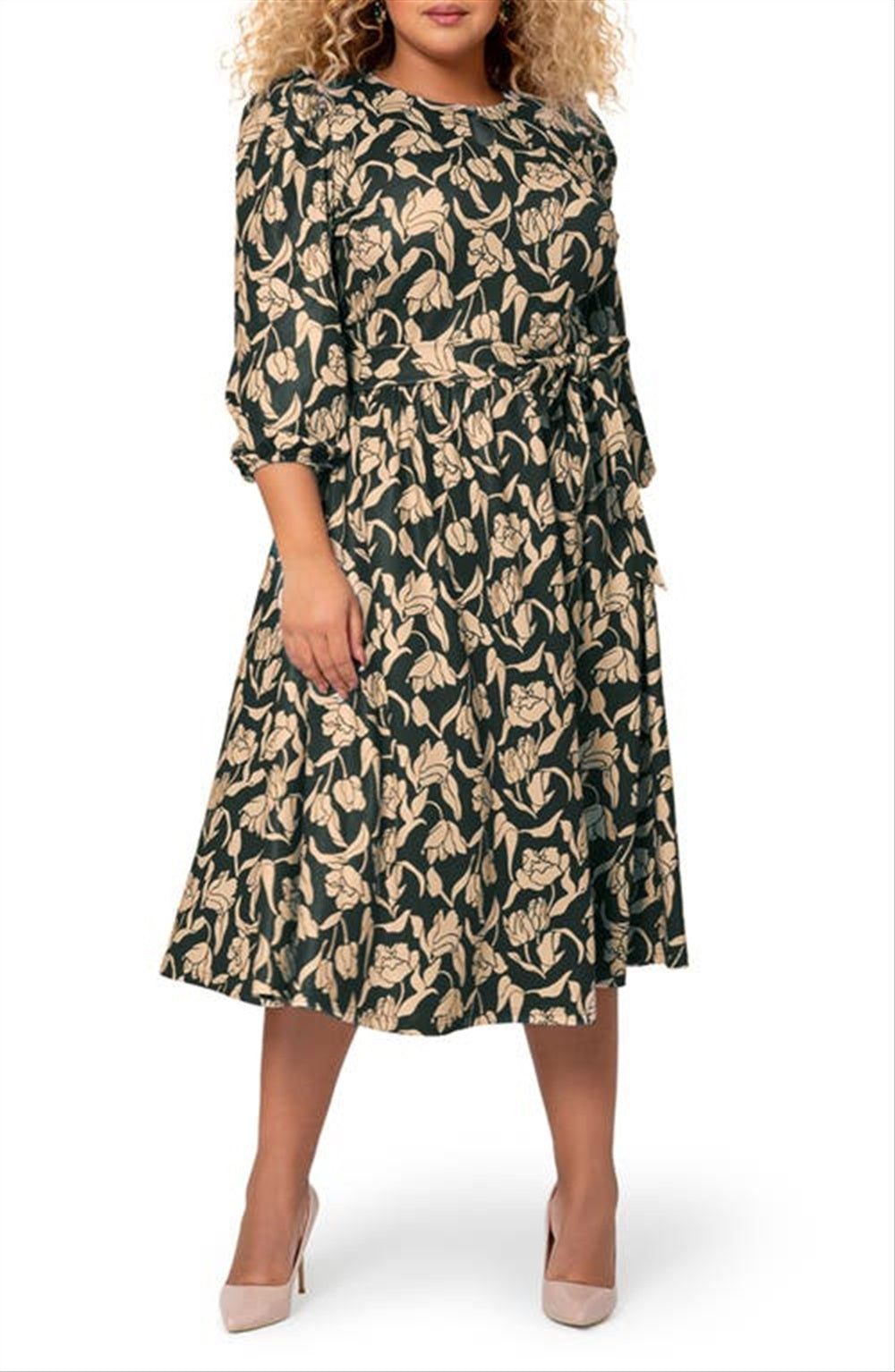 Vestido midi com manga balão floral Iman da Leota para mulheres, marrom
