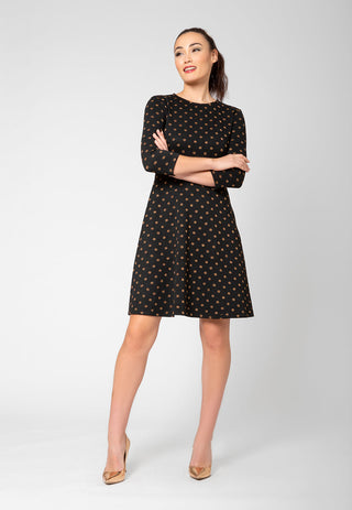Vestido Katherine com ajuste e flare, manga 3/4, preto, feminino Leota