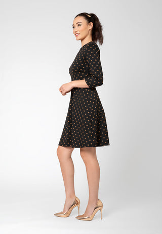 Vestido Katherine com ajuste e flare, manga 3/4, preto, feminino Leota