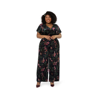 Macacão feminino Leota com estampa floral Ruby e veludo elástico, preto, tamanho 1X