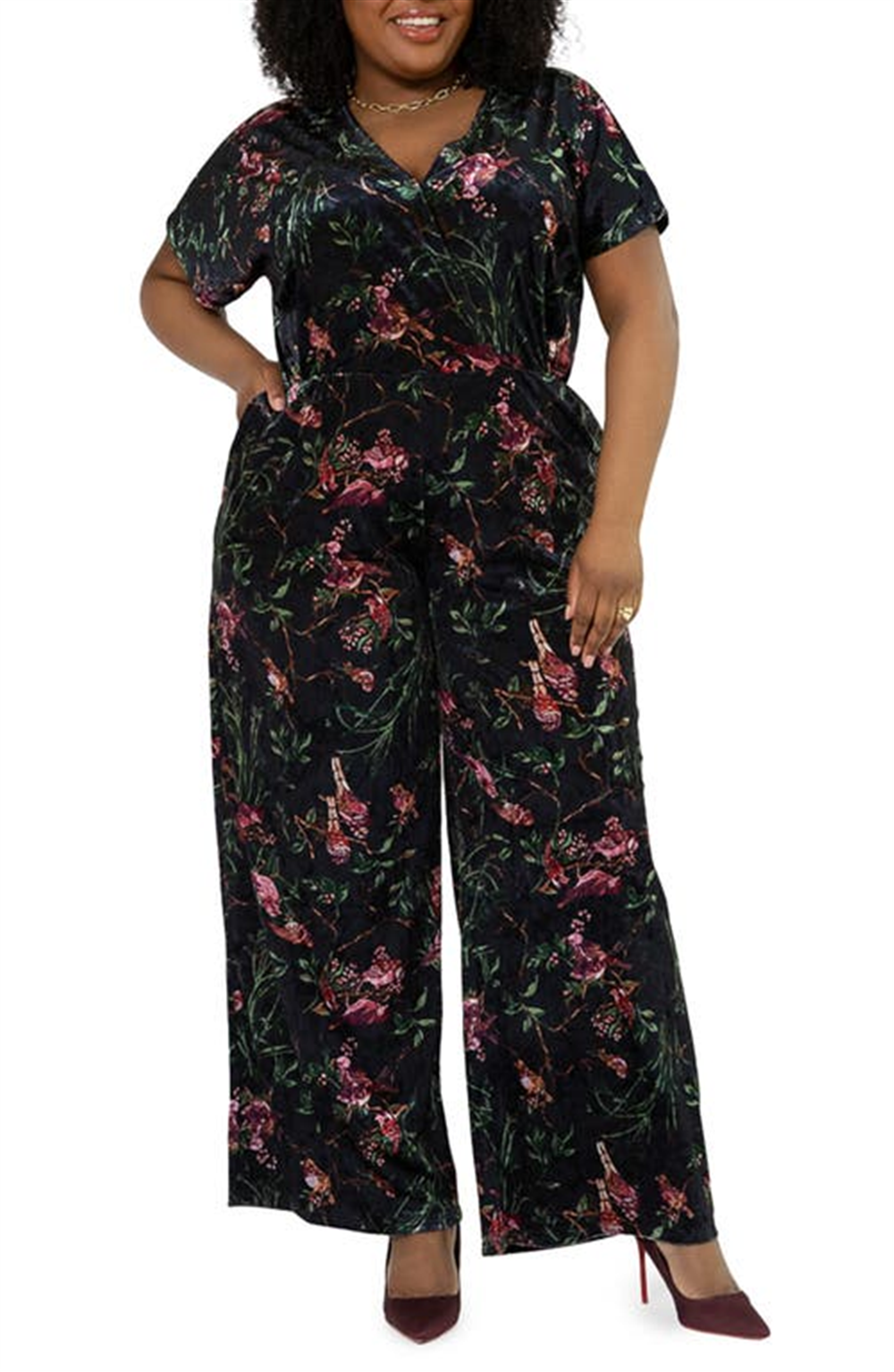 Macacão feminino Leota com estampa floral Ruby e veludo elástico, verde, tamanho 2X