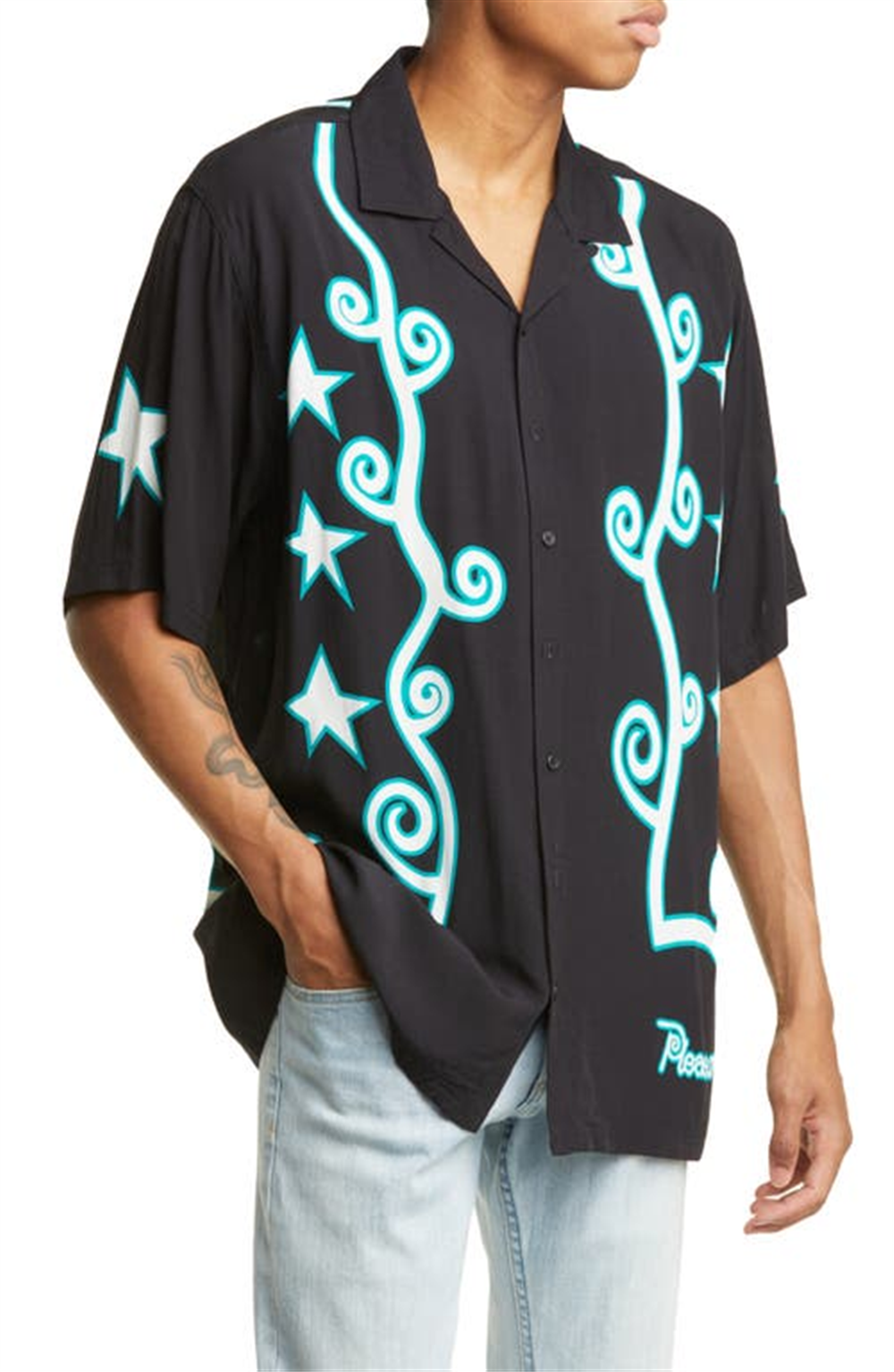 Camisa de acampamento de manga curta Pleasures Swirl com botões, preta, tamanho grande
