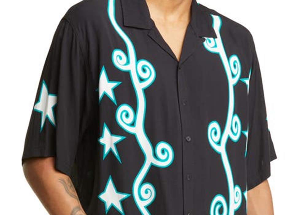 Camisa de acampamento de manga curta Pleasures Swirl com botões, preta, tamanho grande