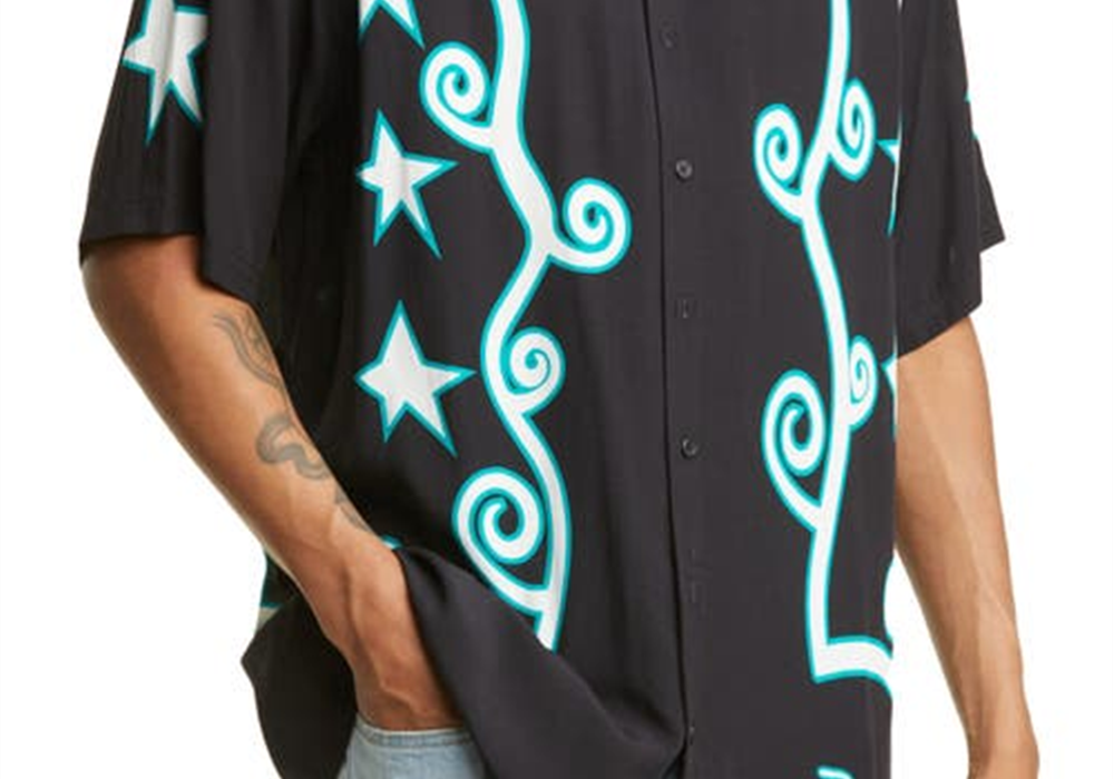 Camisa de acampamento de manga curta Pleasures Swirl com botões, preta, tamanho grande