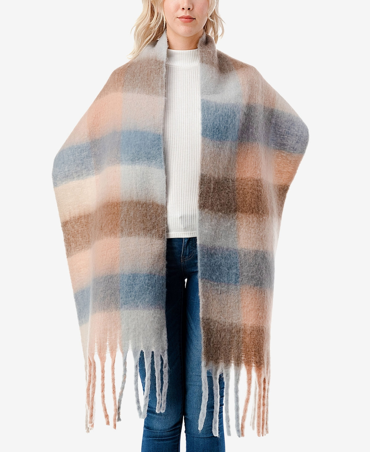 Marcus Adler Cachecol xadrez aconchegante feminino com franjas, azul, tamanho regular