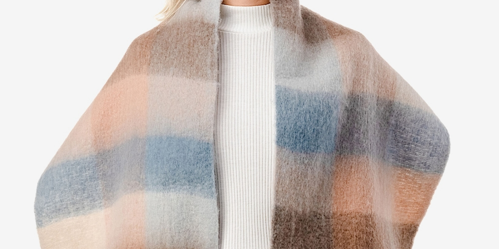 Marcus Adler Cachecol xadrez aconchegante feminino com franjas, azul, tamanho regular