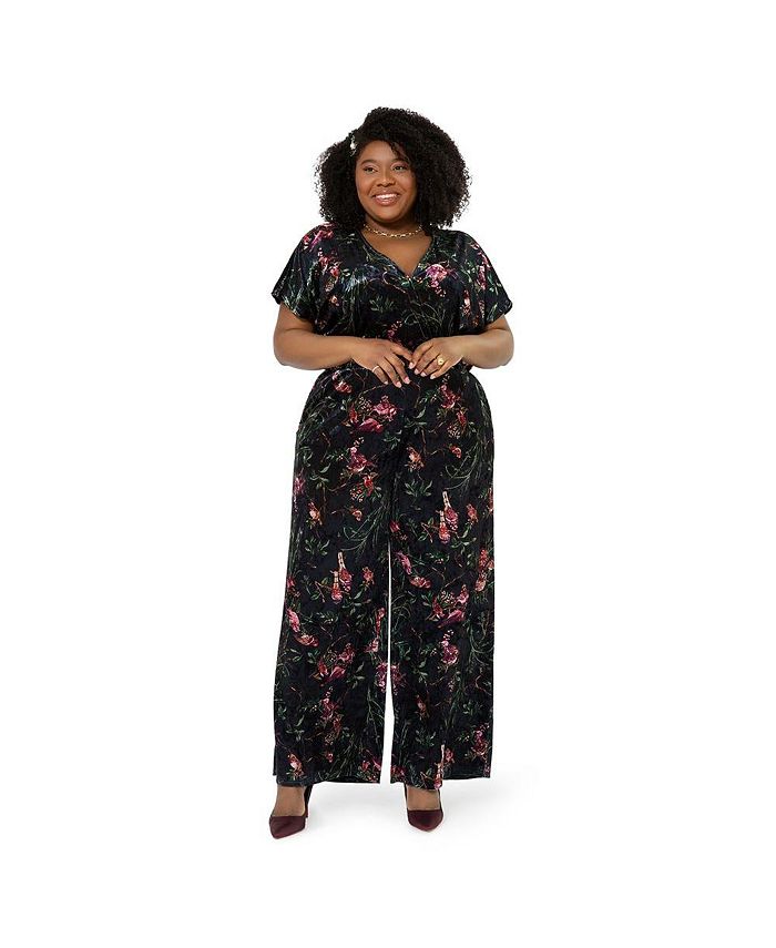 Macacão feminino Leota com estampa floral Ruby e veludo elástico, preto, tamanho 3X