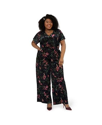 Macacão feminino Leota com estampa floral Ruby e veludo elástico, preto, tamanho 3X