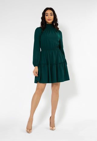 Vestido feminino Leota manga comprida boho jersey verde oliva com camadas